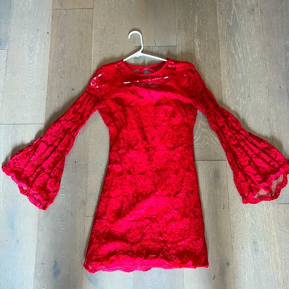NY & Co Red Lace Cocktail Dress with Bell Sleeves - Picture 1 of 8